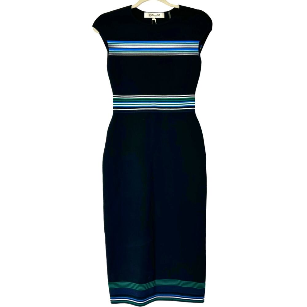 Diane Von Furstenberg Hadlie Stripe Knit Sheath Dress Black Size P/XS